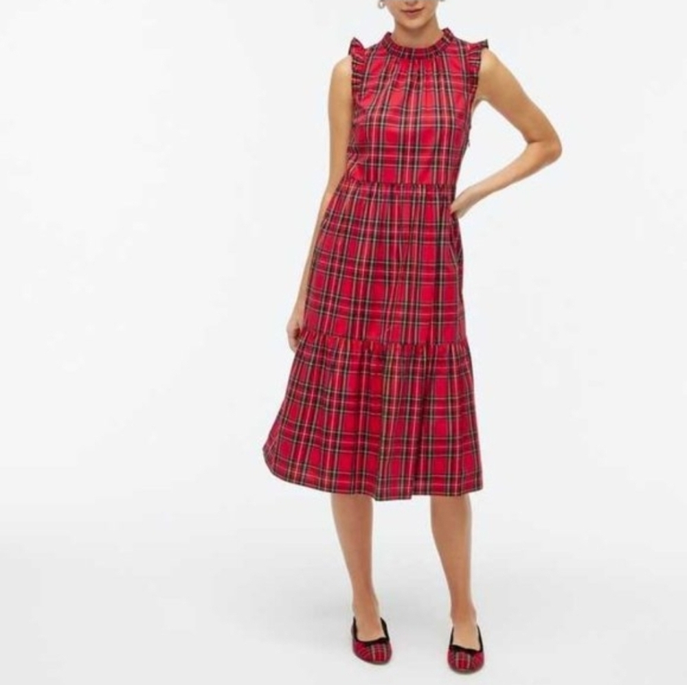 J. Crew Red Tartan‎ Plaid Midi Dress HOLIDAY Office 10P
